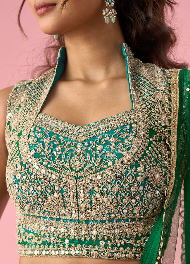 Mohey Women Green Chinon Lehenga with Mirror Work