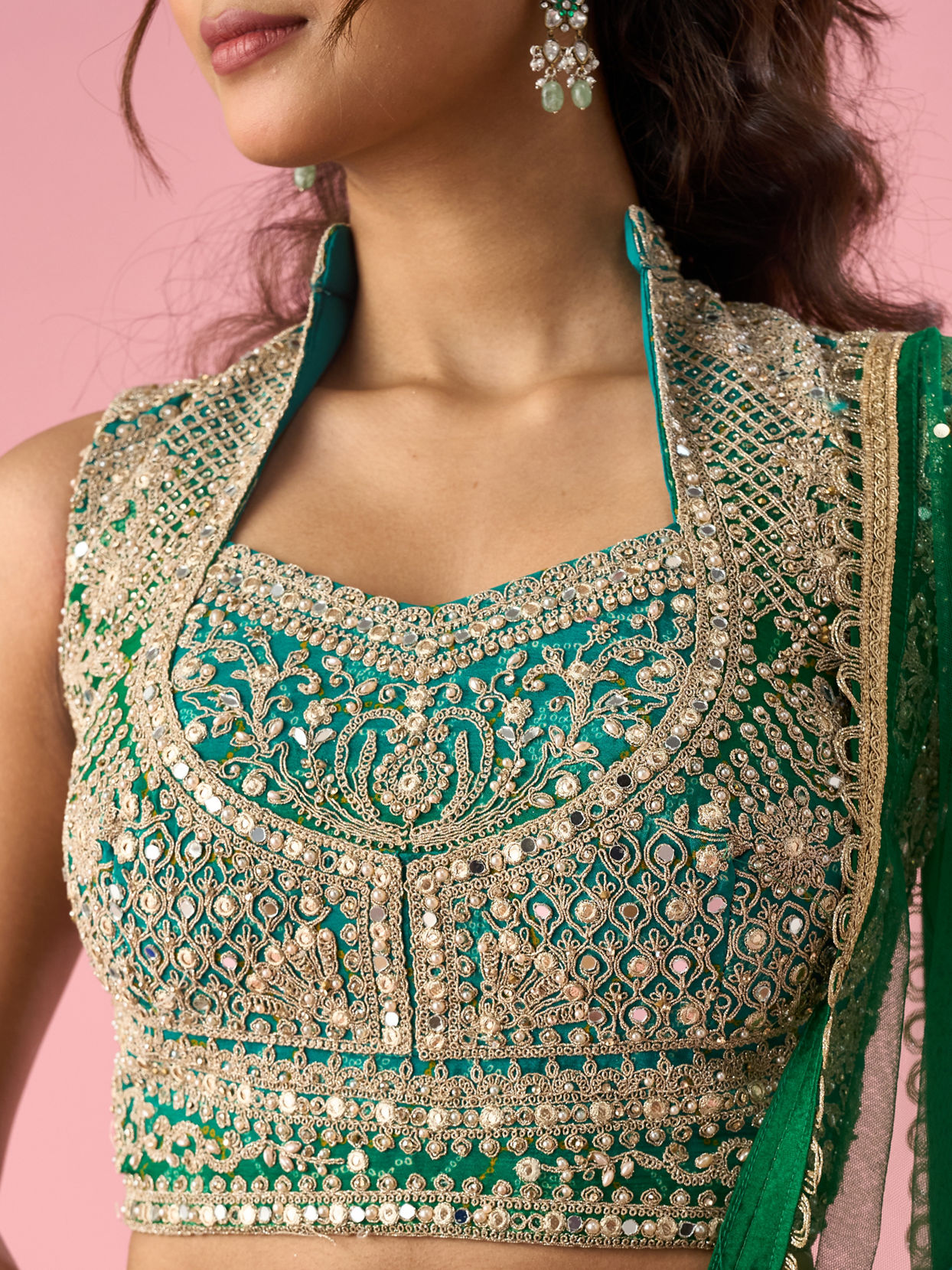 Mohey Women Green Chinon Lehenga with Mirror Work