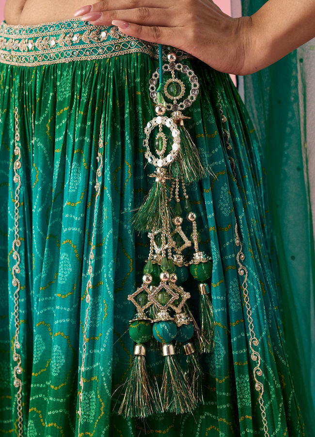 Mohey Women Green Chinon Lehenga with Mirror Work