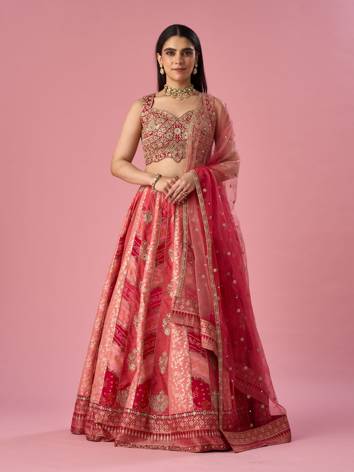 Mohey Women Red Art Silk Lehenga with Mirror Work