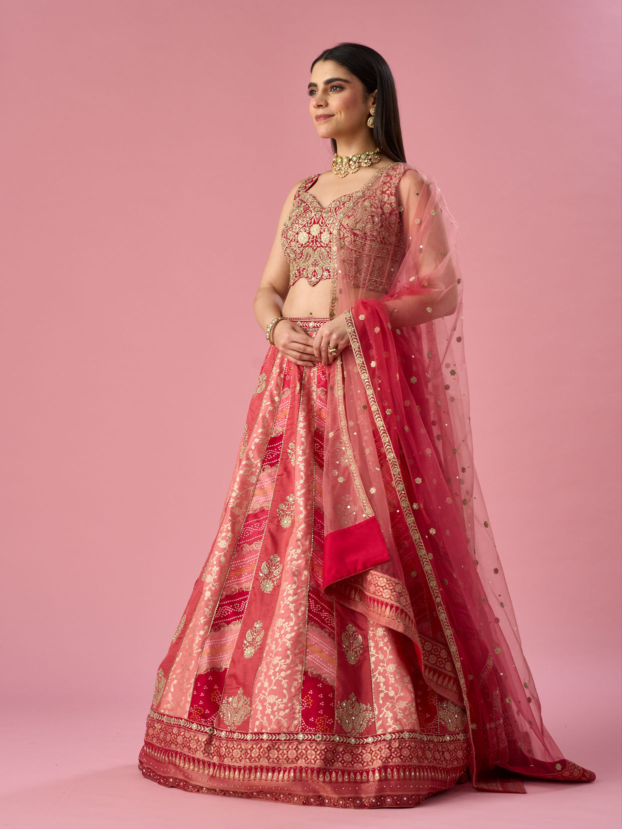 Mohey Women Red Art Silk Lehenga with Mirror Work