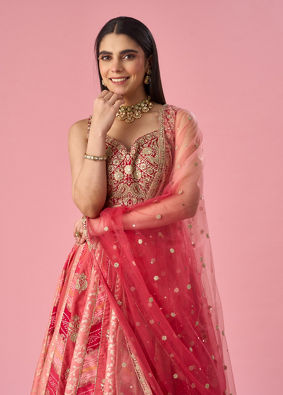 Mohey Women Red Art Silk Lehenga with Mirror Work