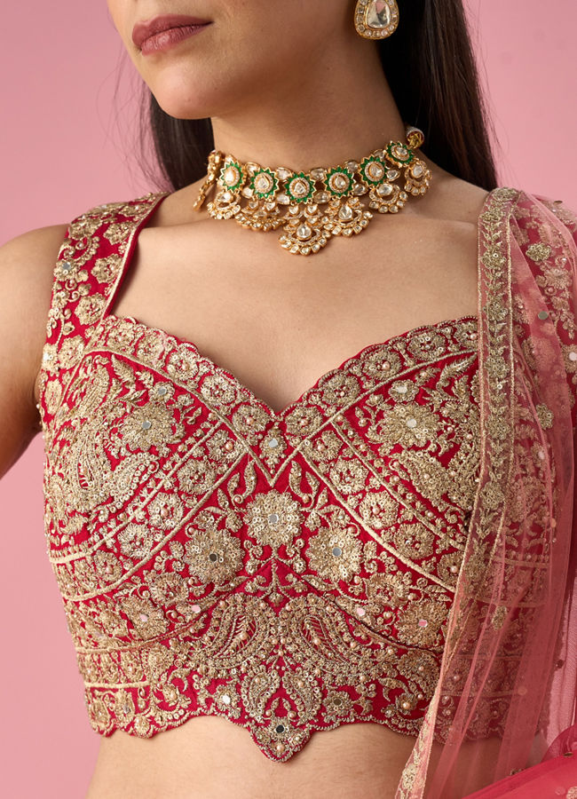 Mohey Women Red Art Silk Lehenga with Mirror Work
