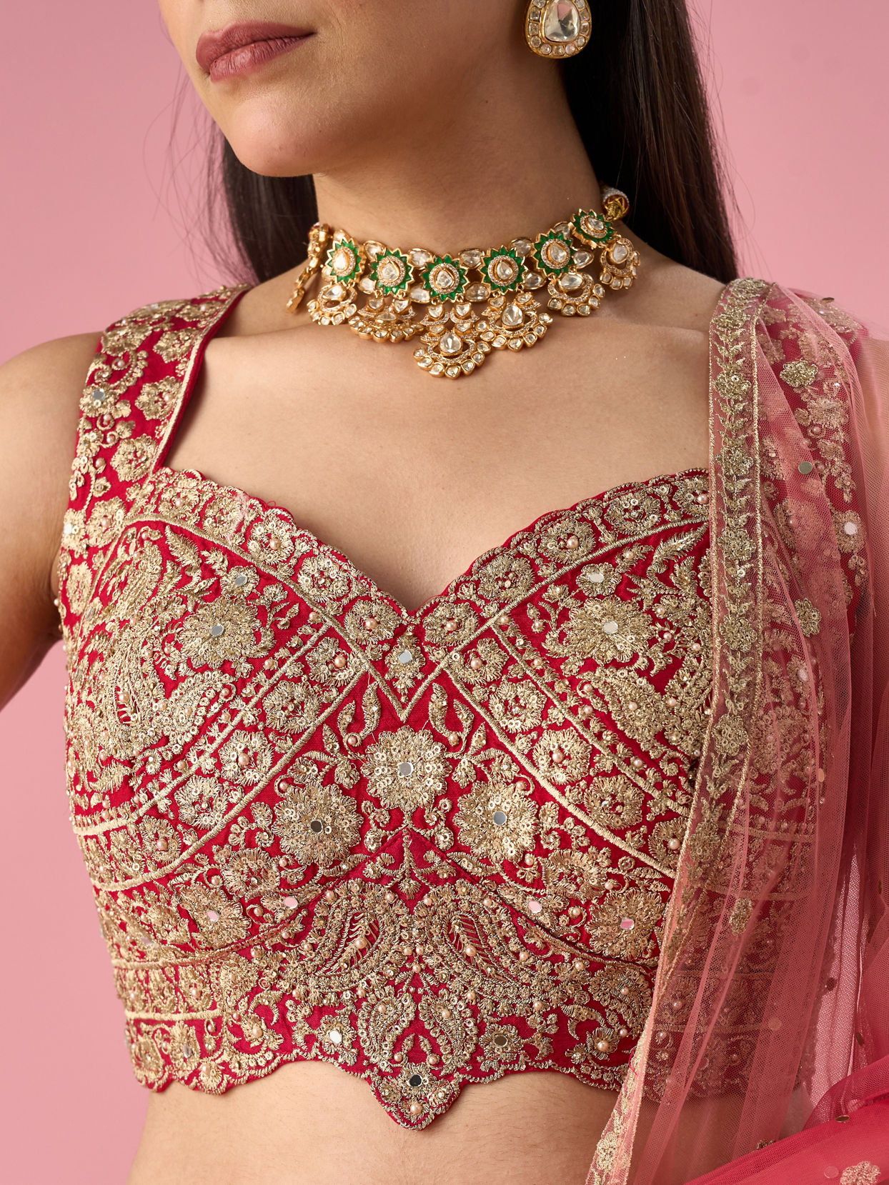 Mohey Women Red Art Silk Lehenga with Mirror Work