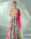 Mohey Women Peach Chinon Lehenga with Mirror Work