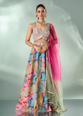 Mohey Women Peach Chinon Lehenga with Mirror Work