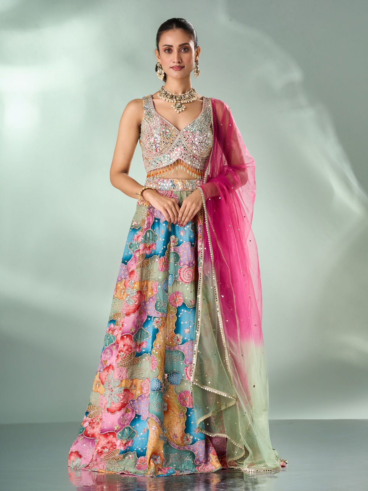 Mohey Women Peach Chinon Lehenga with Mirror Work