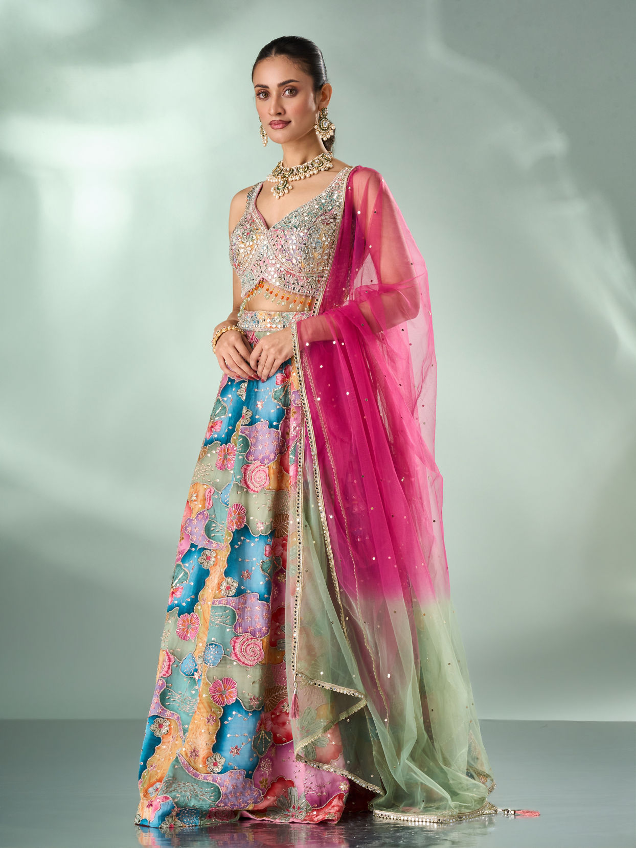 Mohey Women Peach Chinon Lehenga with Mirror Work