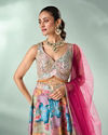 Mohey Women Peach Chinon Lehenga with Mirror Work
