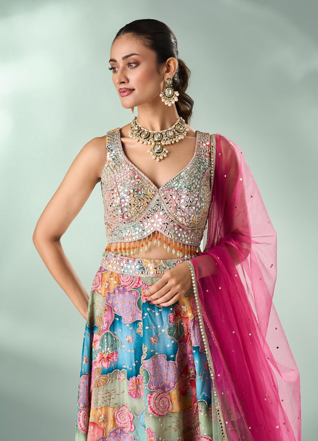Mohey Women Peach Chinon Lehenga with Mirror Work
