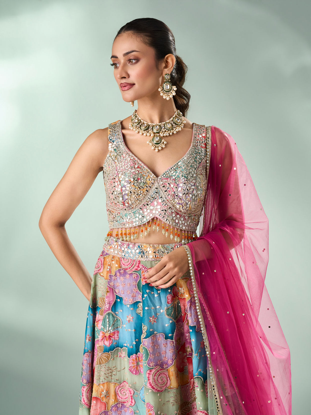 Mohey Women Peach Chinon Lehenga with Mirror Work