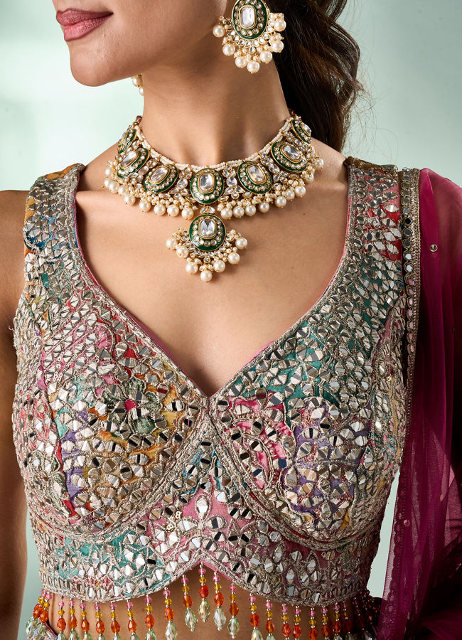 Mohey Women Peach Chinon Lehenga with Mirror Work