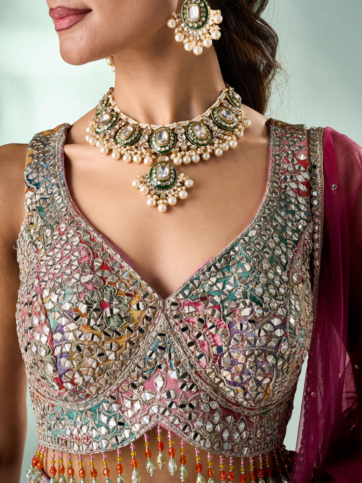 Mohey Women Peach Chinon Lehenga with Mirror Work
