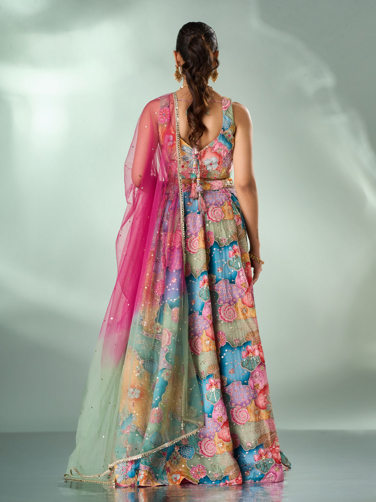 Mohey Women Peach Chinon Lehenga with Mirror Work
