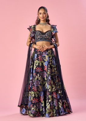 Mohey Women Indigo Blue Organza Lehenga with Hand Embroidery