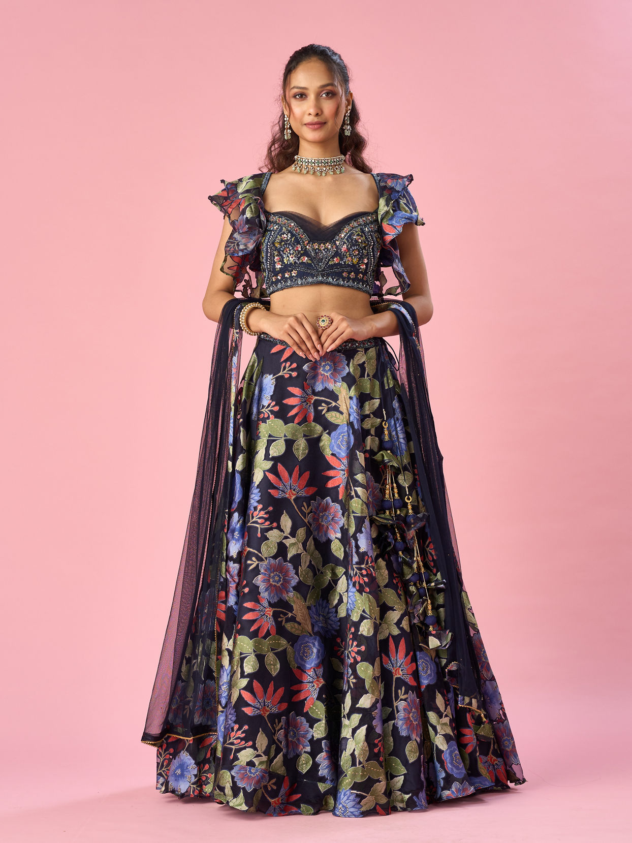 Mohey Women Indigo Blue Organza Lehenga with Hand Embroidery
