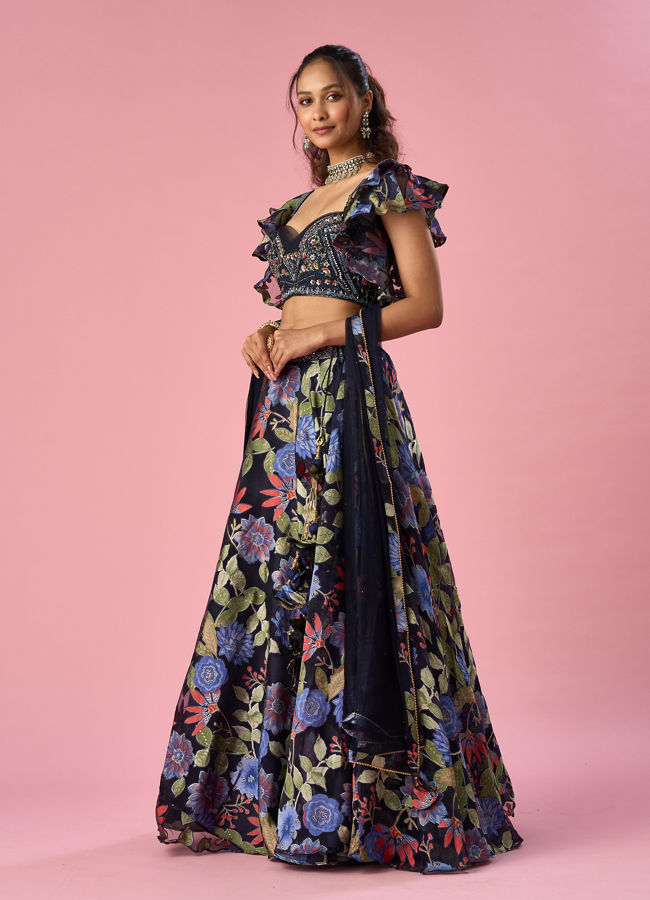 Mohey Women Indigo Blue Organza Lehenga with Hand Embroidery