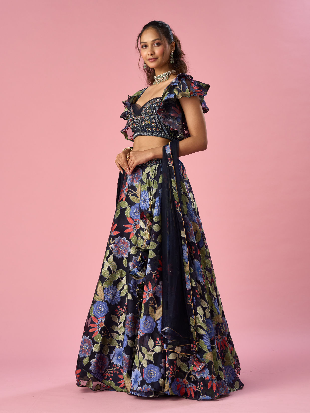 Mohey Women Indigo Blue Organza Lehenga with Hand Embroidery