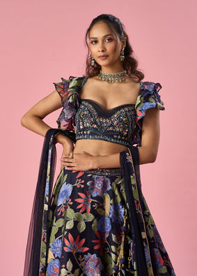 Mohey Women Indigo Blue Organza Lehenga with Hand Embroidery