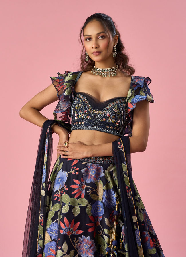 Mohey Women Indigo Blue Organza Lehenga with Hand Embroidery
