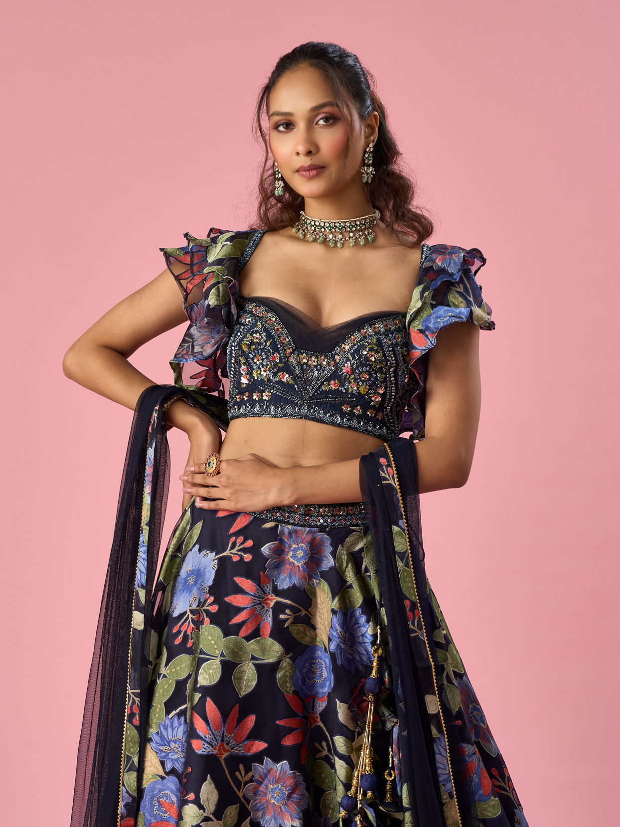 Mohey Women Indigo Blue Organza Lehenga with Hand Embroidery
