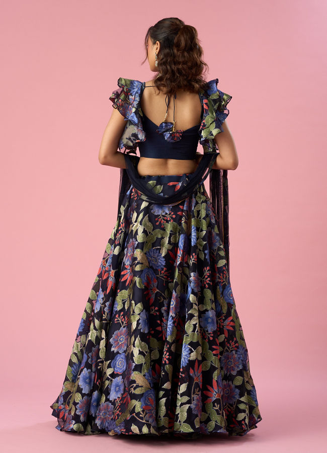 Mohey Women Indigo Blue Organza Lehenga with Hand Embroidery