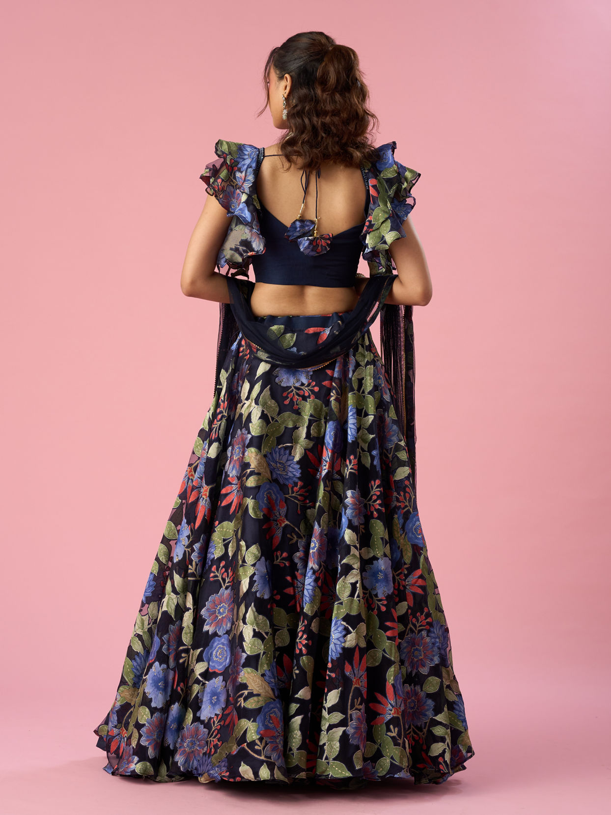 Mohey Women Indigo Blue Organza Lehenga with Hand Embroidery