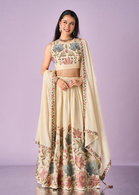 Mohey Women Cream Chinon Lehenga with Hand Embroidery