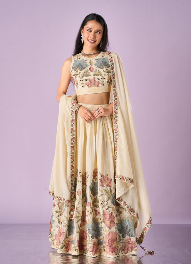 Mohey Women Cream Chinon Lehenga with Hand Embroidery