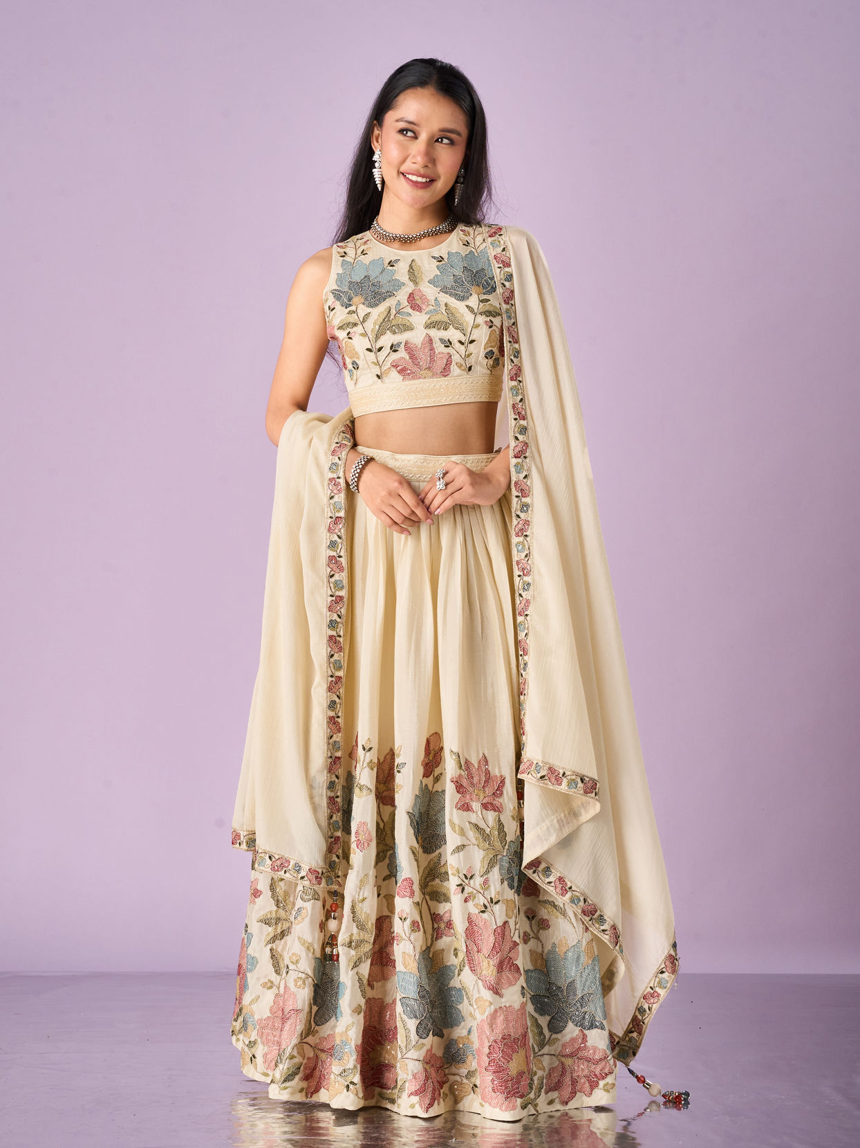Mohey Women Cream Chinon Lehenga with Hand Embroidery
