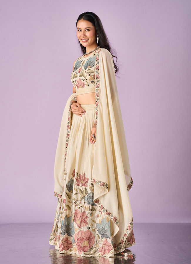 Mohey Women Cream Chinon Lehenga with Hand Embroidery