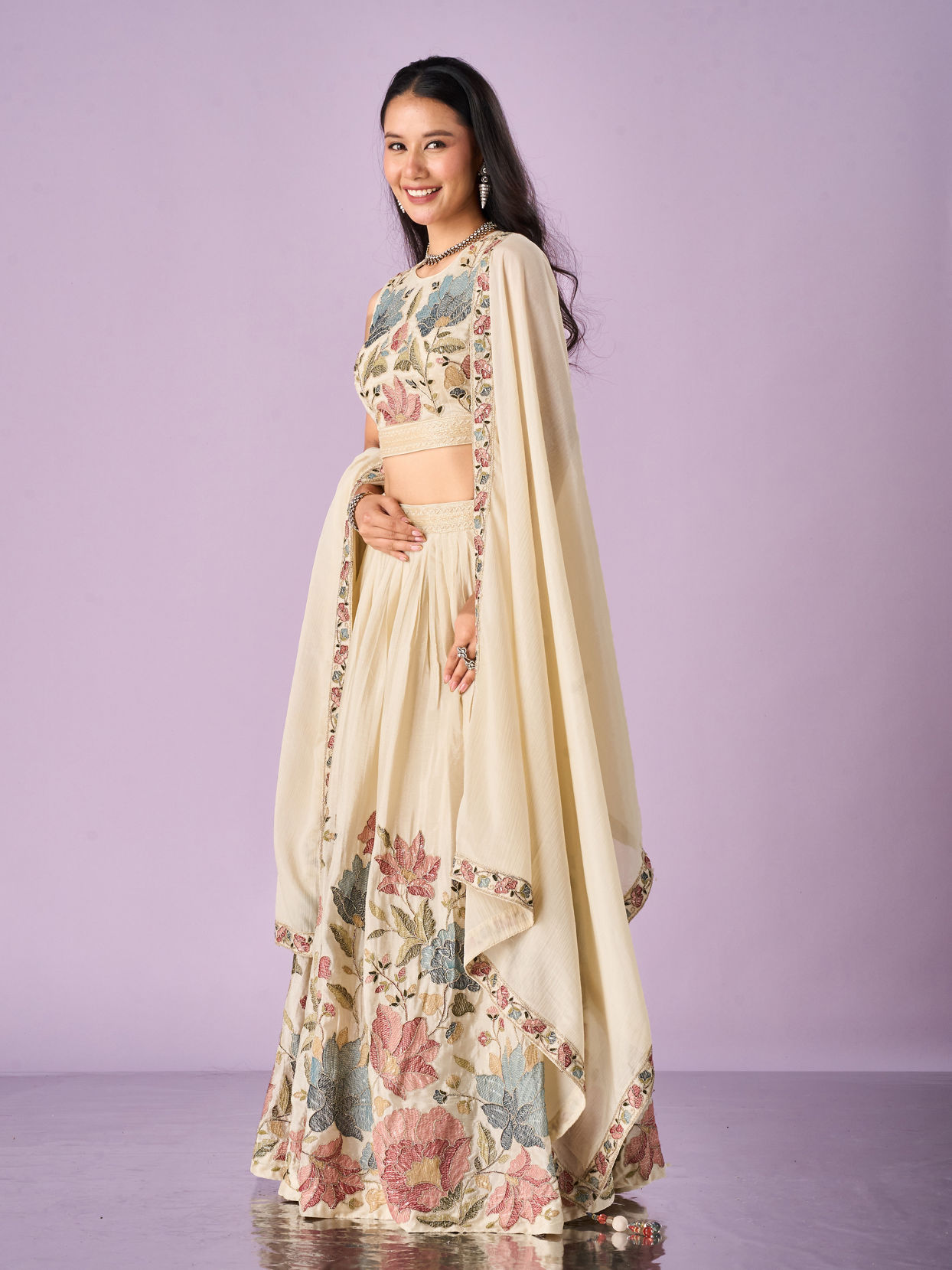 Mohey Women Cream Chinon Lehenga with Hand Embroidery