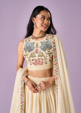Mohey Women Cream Chinon Lehenga with Hand Embroidery