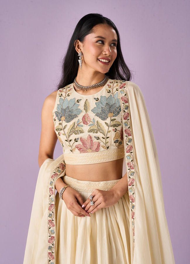 Mohey Women Cream Chinon Lehenga with Hand Embroidery