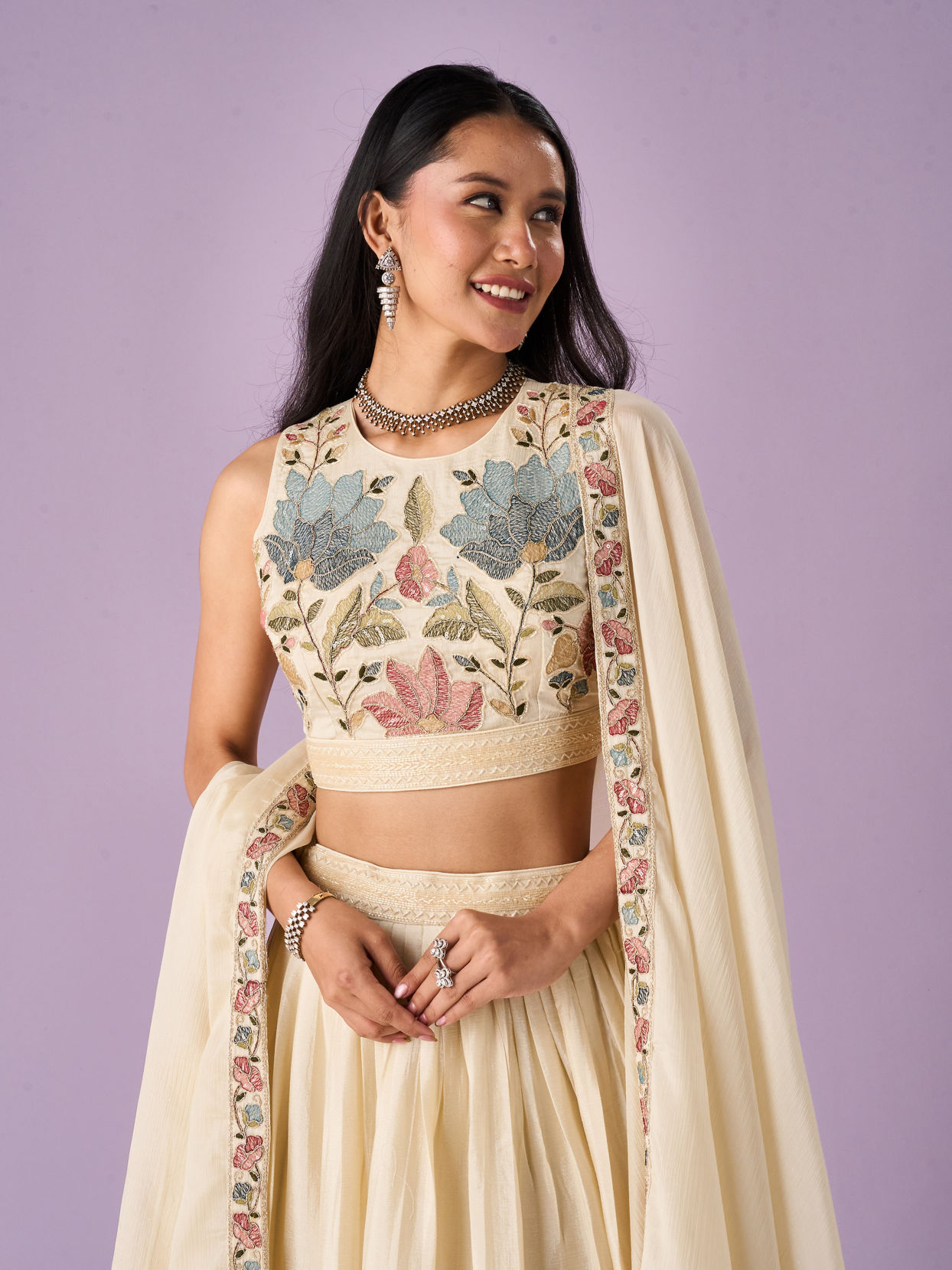 Mohey Women Cream Chinon Lehenga with Hand Embroidery