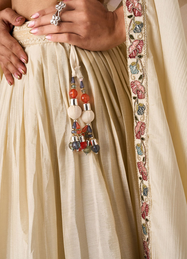 Mohey Women Cream Chinon Lehenga with Hand Embroidery