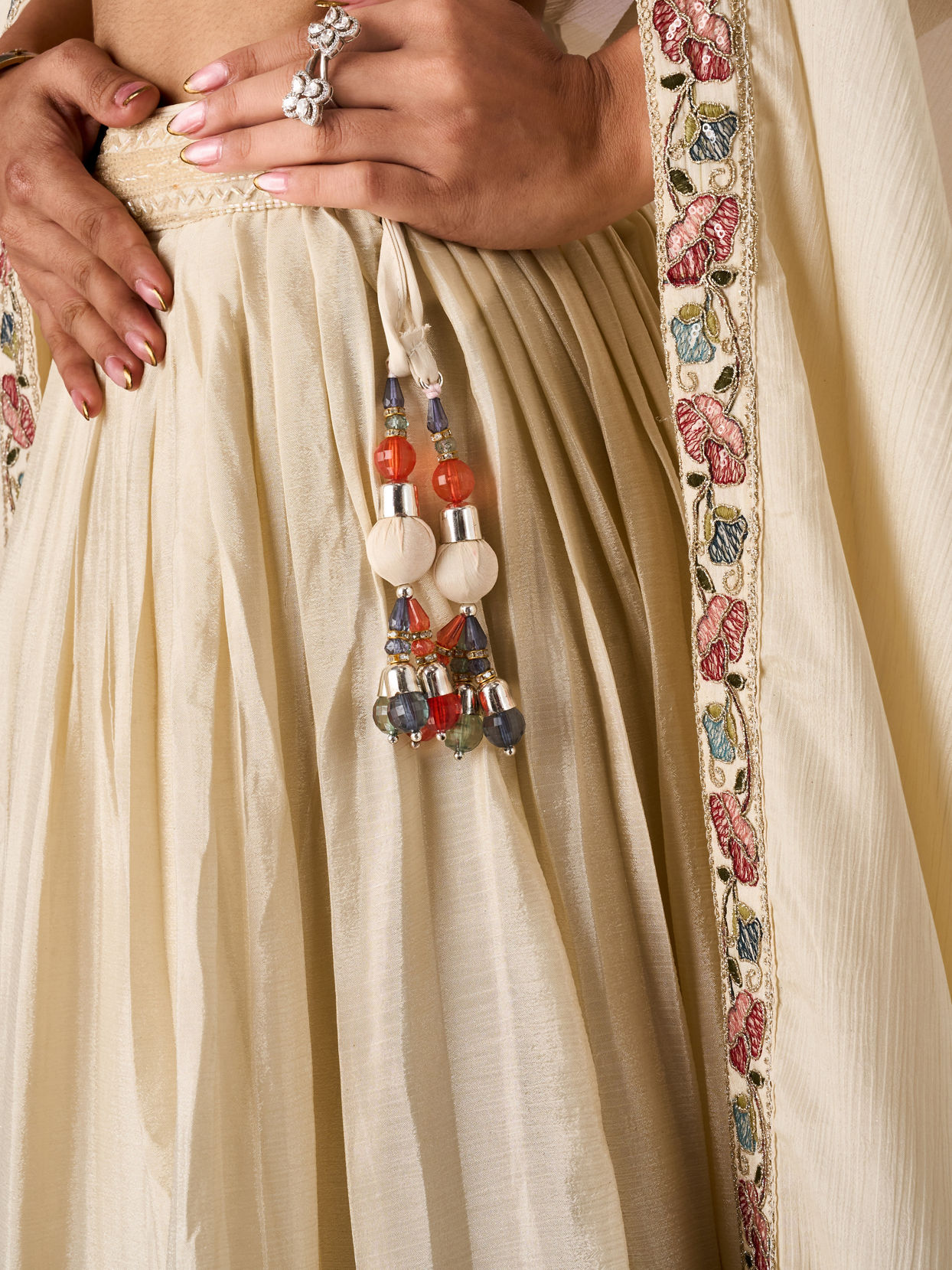 Mohey Women Cream Chinon Lehenga with Hand Embroidery