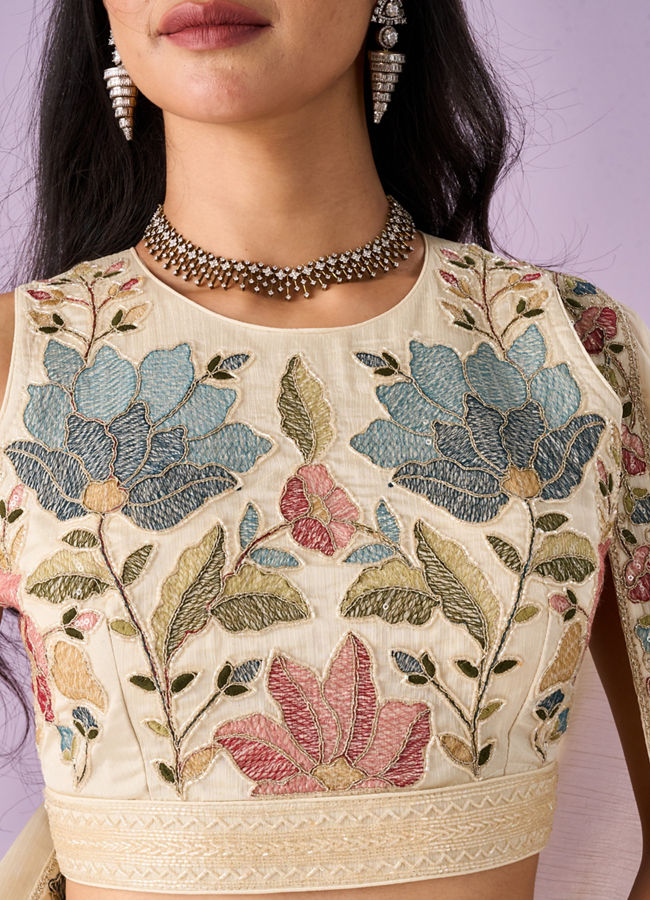 Mohey Women Cream Chinon Lehenga with Hand Embroidery