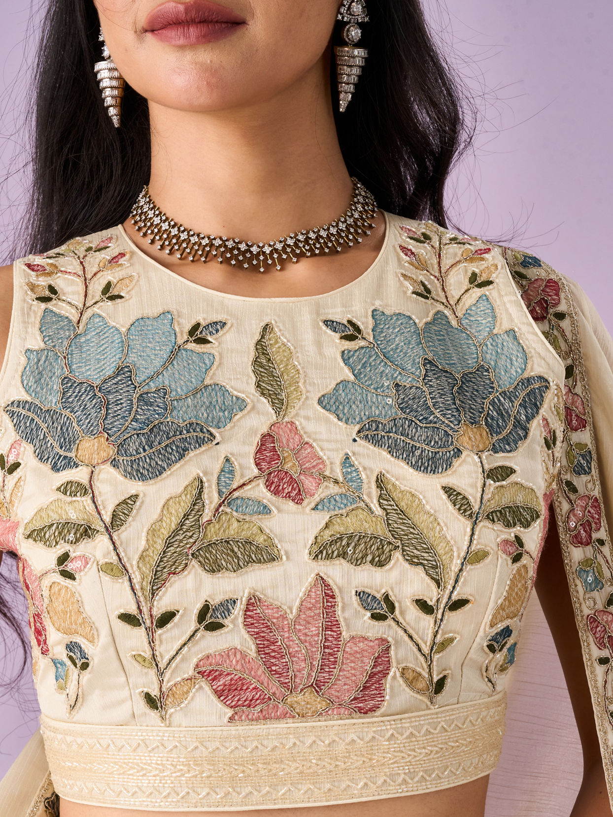 Mohey Women Cream Chinon Lehenga with Hand Embroidery
