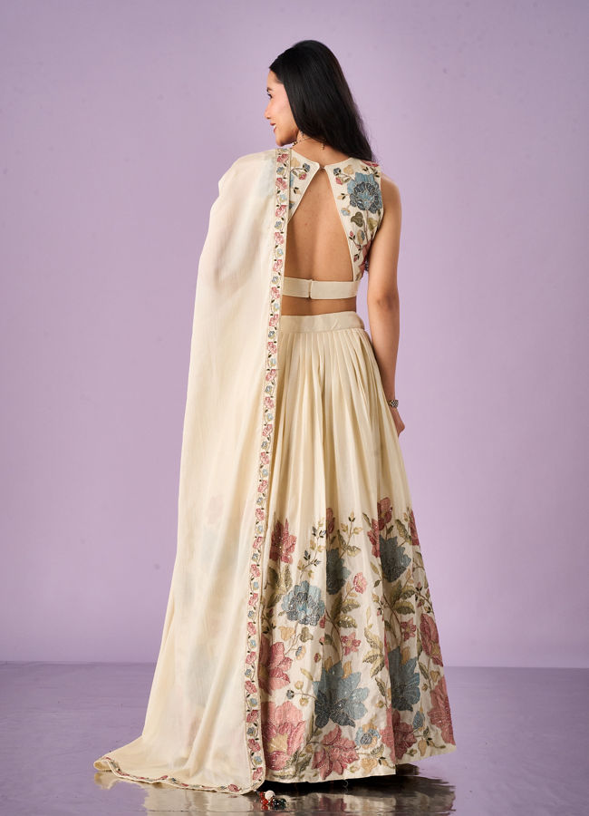 Mohey Women Cream Chinon Lehenga with Hand Embroidery