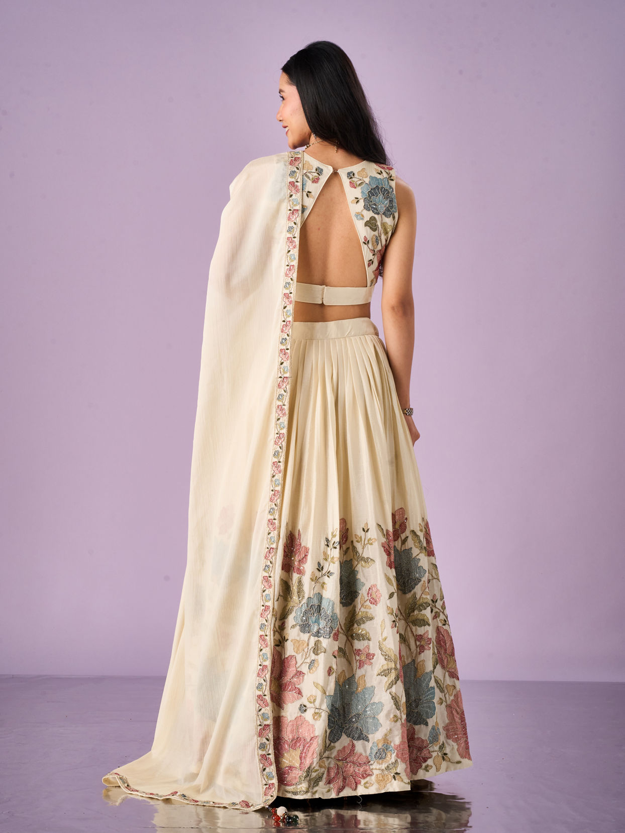 Mohey Women Cream Chinon Lehenga with Hand Embroidery