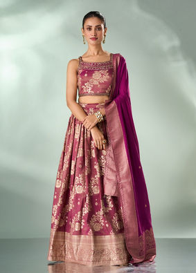Mohey Women Wine Art Silk Lehenga with Hand Embroidery