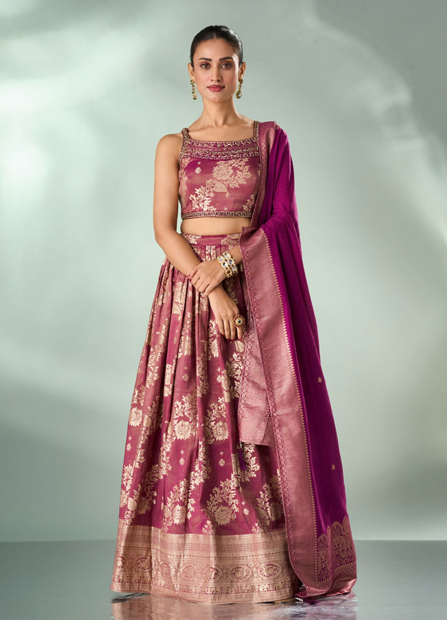 Mohey Women Wine Art Silk Lehenga with Hand Embroidery