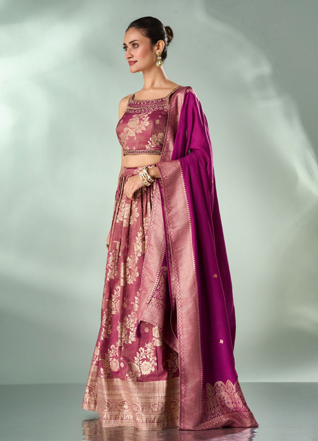 Mohey Women Wine Art Silk Lehenga with Hand Embroidery