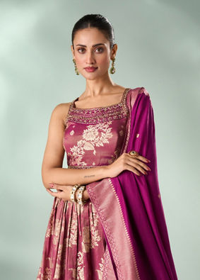 Mohey Women Wine Art Silk Lehenga with Hand Embroidery