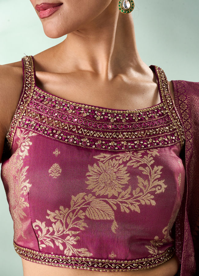 Mohey Women Wine Art Silk Lehenga with Hand Embroidery
