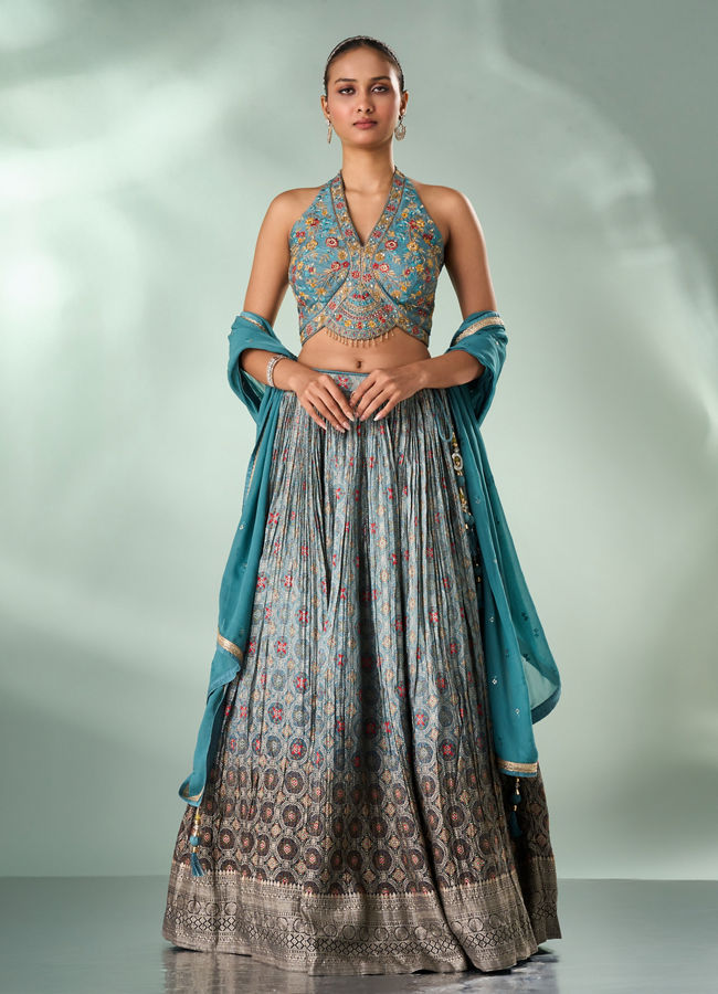Mohey Women Sea Green Silk Lehenga with Zardozi Work