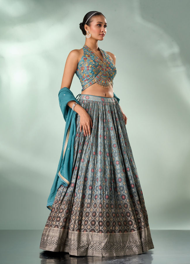 Mohey Women Sea Green Silk Lehenga with Zardozi Work