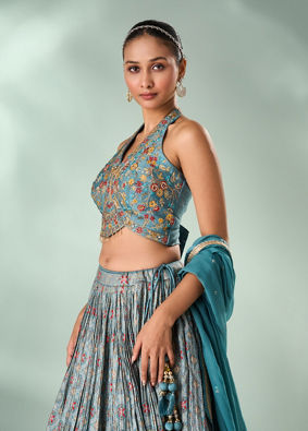 Mohey Women Sea Green Silk Lehenga with Zardozi Work