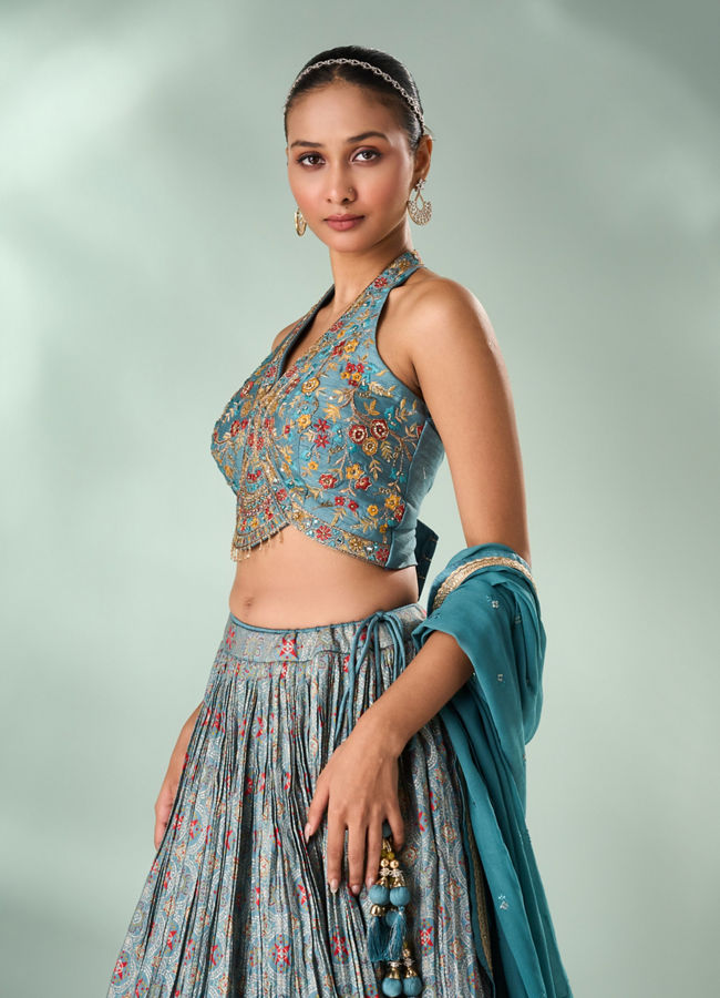 Mohey Women Sea Green Silk Lehenga with Zardozi Work